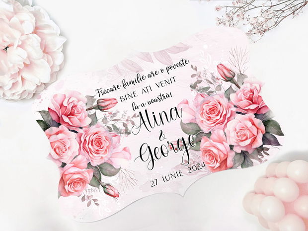 Placuta decorativa pentru nunta din lemn  - personalizata cu mesaj - Pink roses bouquet