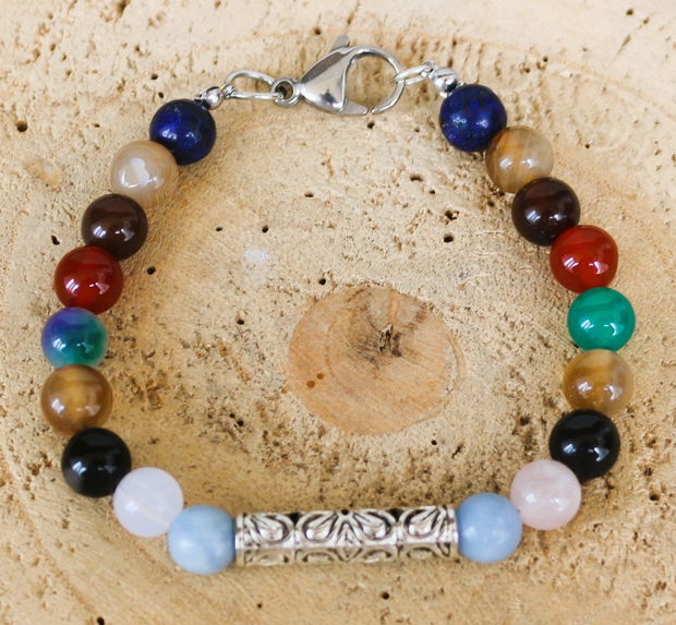 Bratara unisex/bratara dintr-un mix de sfere semipretioase cu un link din aliaj tibetan/talisman