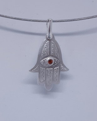 Pandantiv din argint fin, cu model hamsa, texturat cu floarea vietii si cristale cubic zirconiu pe ambele fețe