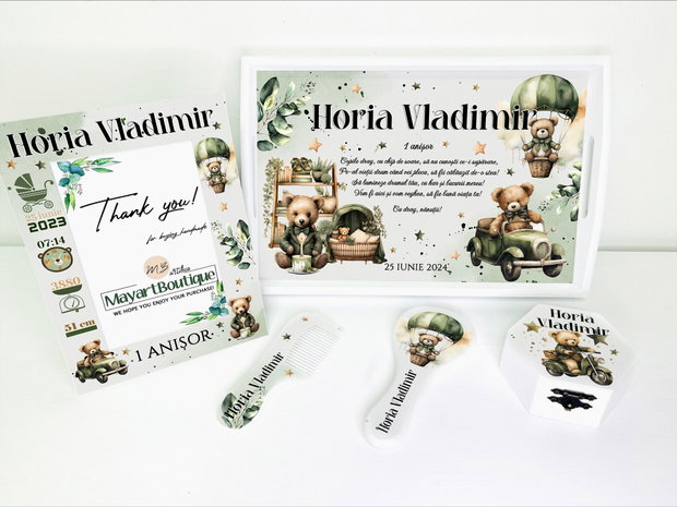 Set aniversar personalizat 1 anisor - Teddy Boy - Tavita mot si accesorii