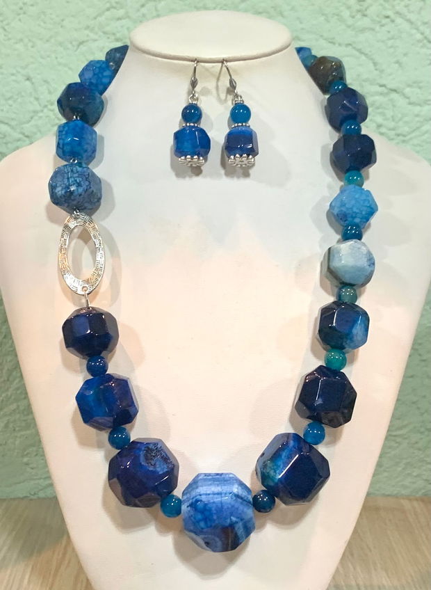 SET~SUMMER SKY~agate mari maxifatetate,agate,accesorii metalice argintii