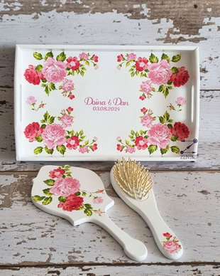 Set mireasa flori roz, set pentru mireasa, set nunta flori roz, set gatitul miresei, tava mireasa