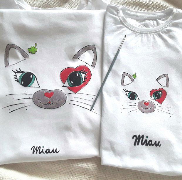 Set tricouri mama fiica pictate cu pisicute