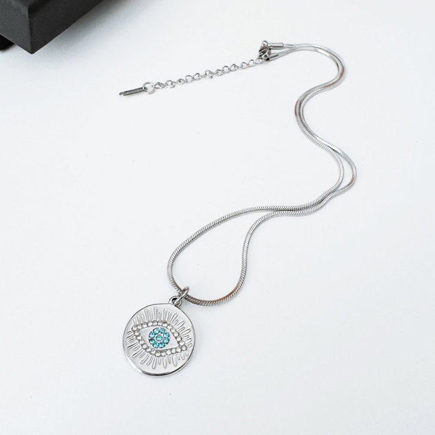 COLIER EVIL EYE DIN OTEL INOXIDABIL CU STRASURI BLEU - PROTECTIE ENERGII NEGATIVE