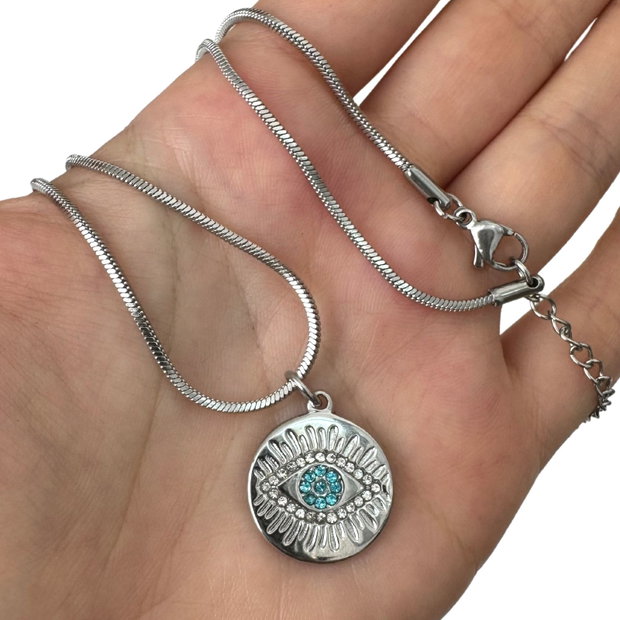 COLIER EVIL EYE DIN OTEL INOXIDABIL CU STRASURI BLEU - PROTECTIE ENERGII NEGATIVE