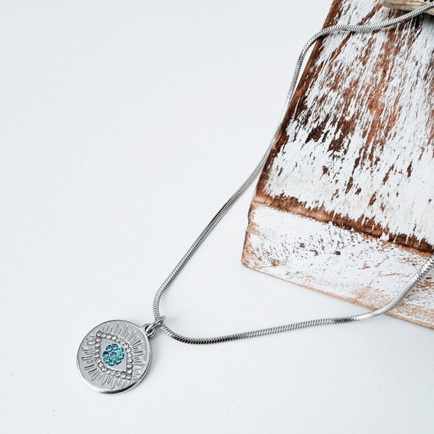 COLIER EVIL EYE DIN OTEL INOXIDABIL CU STRASURI BLEU - PROTECTIE ENERGII NEGATIVE