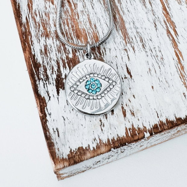 COLIER EVIL EYE DIN OTEL INOXIDABIL CU STRASURI BLEU - PROTECTIE ENERGII NEGATIVE