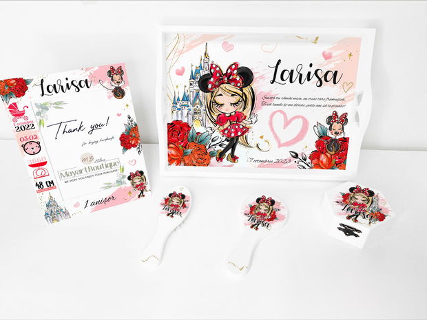 Set aniversar personalizat 1 anisor - Sweet Minnie Mouse Girl - Tavita turta si accesorii