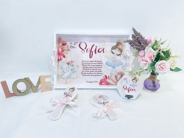 Set aniversar personalizat 1 anisor - Sweet Ballerina - Tavita turta si accesorii