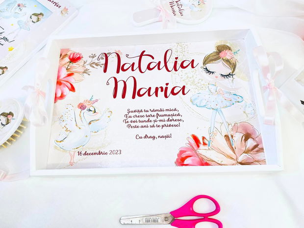 Set aniversar personalizat 1 anisor - Sweet Ballerina - Tavita turta si accesorii