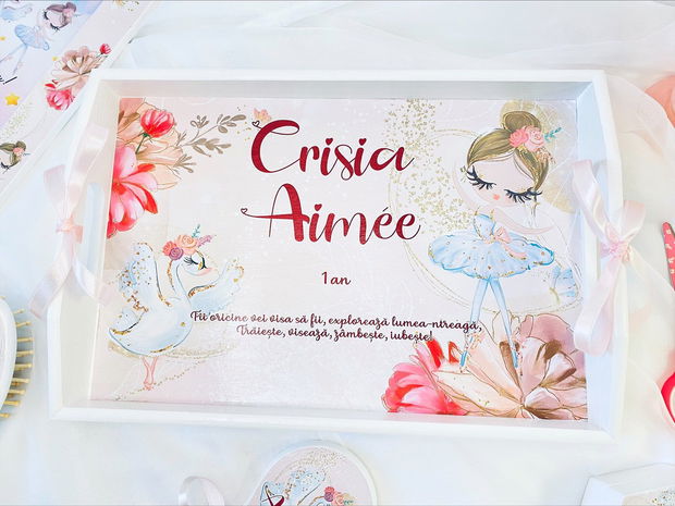 Set aniversar personalizat 1 anisor - Sweet Ballerina - Tavita turta si accesorii