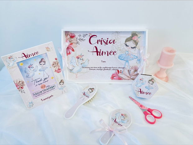 Set aniversar personalizat 1 anisor - Sweet Ballerina - Tavita turta si accesorii