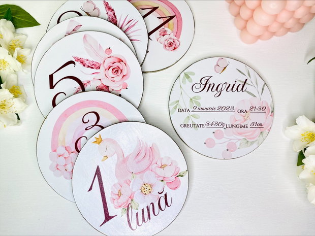Set carduri din lemn pentru poze - Baby milestones - Swan princess