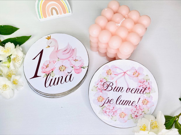 Set carduri din lemn pentru poze - Baby milestones - Swan princess