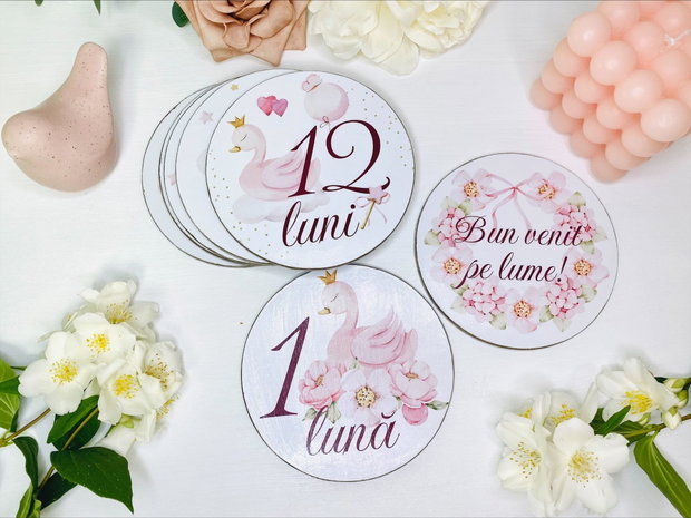 Set carduri din lemn pentru poze - Baby milestones - Swan princess