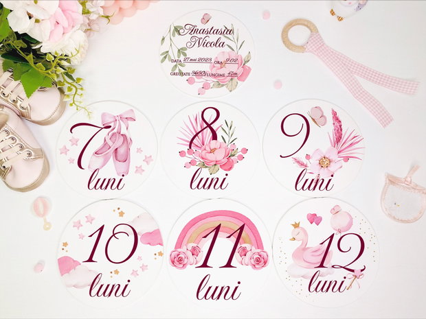 Set carduri din lemn pentru poze - Baby milestones - Swan princess