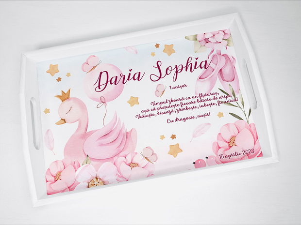 Set aniversar personalizat 1 anisor - Swan Princess - Tavita turta si accesorii