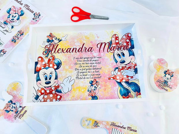 Set aniversar personalizat 1 anisor - Special Minnie Lovely Little Lady - Tavita turta si accesorii