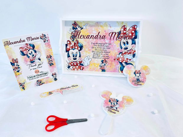 Set aniversar personalizat 1 anisor - Special Minnie Lovely Little Lady - Tavita turta si accesorii