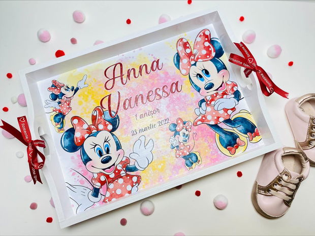 Set aniversar personalizat 1 anisor - Special Minnie Lovely Little Lady - Tavita turta si accesorii