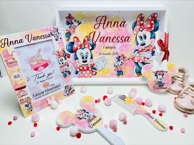 Set aniversar personalizat 1 anisor - Special Minnie Lovely Little Lady - Tavita turta si accesorii