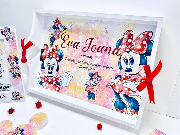 Set aniversar personalizat 1 anisor - Special Minnie Lovely Little Lady - Tavita turta si accesorii