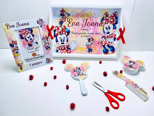 Set aniversar personalizat 1 anisor - Special Minnie Lovely Little Lady - Tavita turta si accesorii