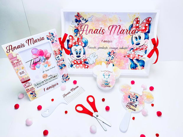 Set aniversar personalizat 1 anisor - Special Minnie Lovely Little Lady - Tavita turta si accesorii