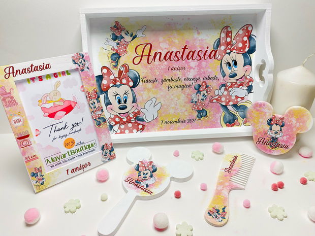 Set aniversar personalizat 1 anisor - Special Minnie Lovely Little Lady - Tavita turta si accesorii