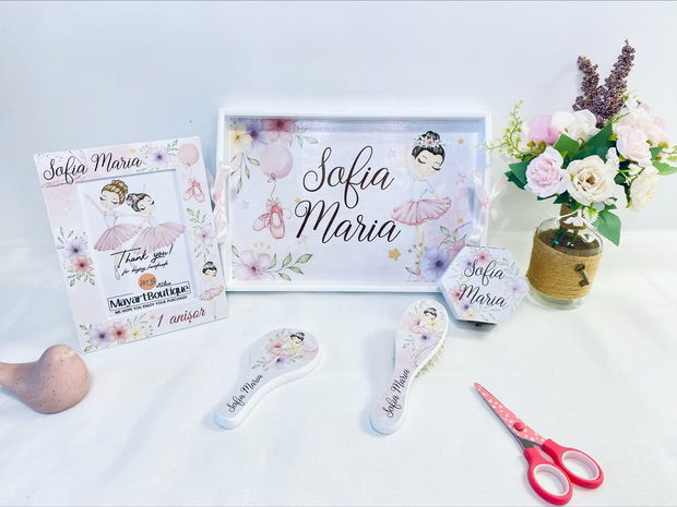 Set aniversar personalizat 1 anisor - Pretty Ballerina - Tavita turta si accesorii