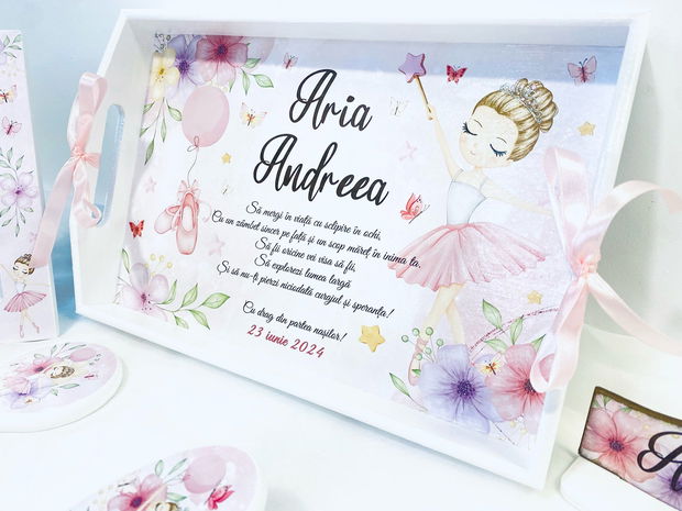 Set aniversar personalizat 1 anisor - Pretty Ballerina - Tavita turta si accesorii