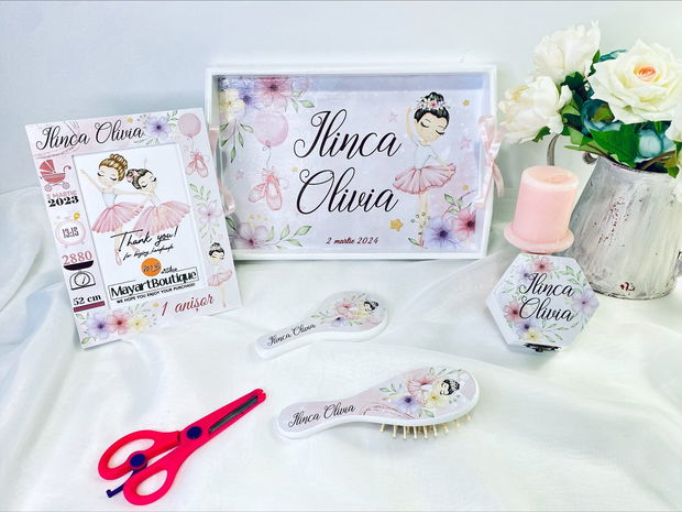 Set aniversar personalizat 1 anisor - Pretty Ballerina - Tavita turta si accesorii