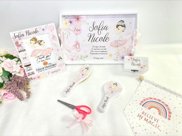 Set aniversar personalizat 1 anisor - Pretty Ballerina - Tavita turta si accesorii