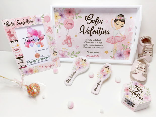 Set aniversar personalizat 1 anisor - Pretty Ballerina - Tavita turta si accesorii