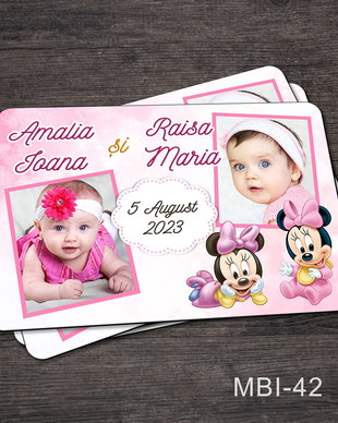 Marturii ieftine botez - Magneti personalizati pentru gemeni cu Minnie Mouse