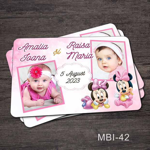 Marturii ieftine botez - Magneti personalizati pentru gemeni cu Minnie Mouse