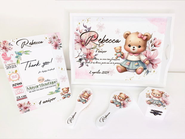 Set aniversar personalizat 1 anisor - Little Teddy Girl - Tavita turta si accesorii