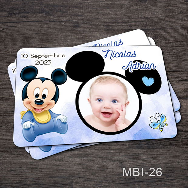 Marturii ieftine botez - Magneti personalizati pentru baieti cu Mickey Mouse