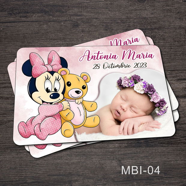 Marturii ieftine botez - Magneti personalizati pentru fetite cu Minnie Mouse