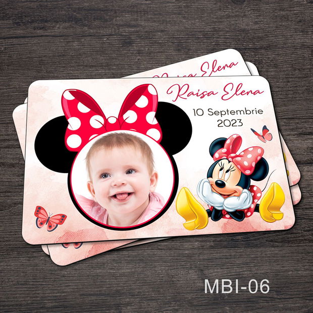 Marturii ieftine botez - Magneti personalizati pentru fetite cu Minnie Mouse