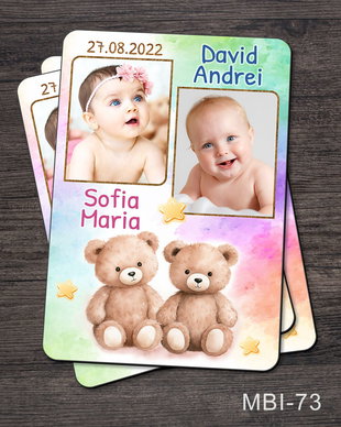 Marturii ieftine botez - Magneti personalizati pentru gemeni cu ursuleti