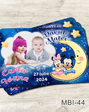 Marturii botez ieftine - Magneti frigider pentru gemeni cu Minnie si Mickey Mouse pe luna