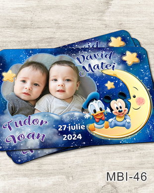 Marturii botez ieftine - Magneti frigider pentru gemeni cu Mickey Mouse si Donald pe luna