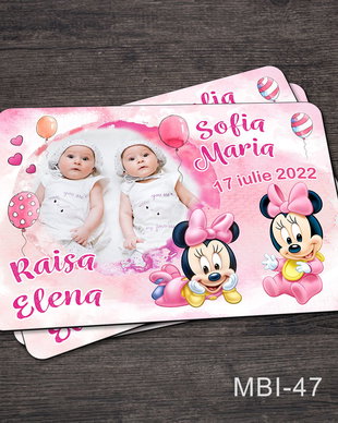 Marturii ieftine botez - Magneti personalizati pentru gemeni cu Minnie Mouse