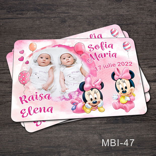 Marturii ieftine botez - Magneti personalizati pentru gemeni cu Minnie Mouse