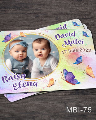 Marturii ieftine botez - Magneti personalizati pentru gemeni cu fluturas