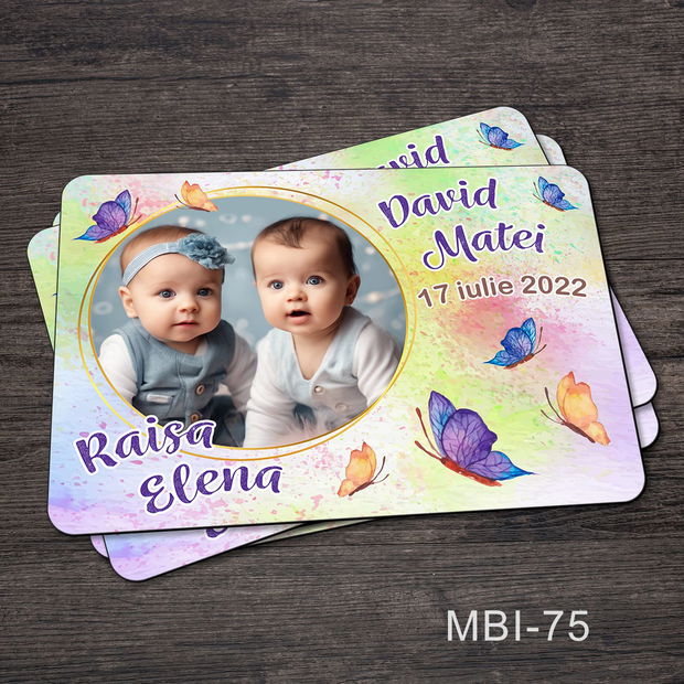 Marturii ieftine botez - Magneti personalizati pentru gemeni cu fluturas