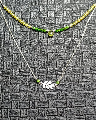 Colier X2 argint diopsid peridot frunza lant argint minimalist boho chic trendy - Transport gratuit