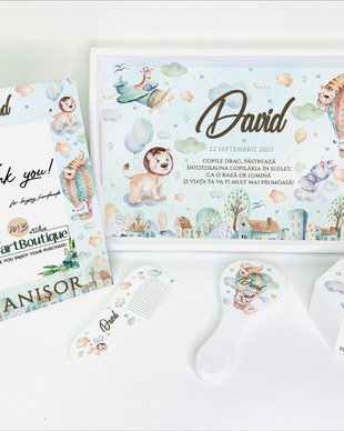 Set aniversar personalizat 1 anisor - Baby Animals Dream World - Tavita mot si accesorii