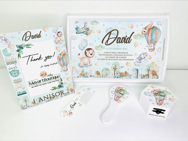 Set aniversar personalizat 1 anisor - Baby Animals Dream World - Tavita mot si accesorii